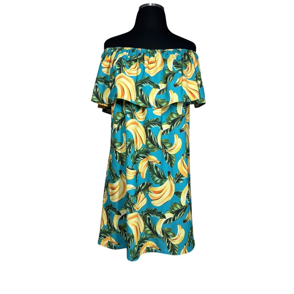 Show Me Your Mumu Off Shoulder Banana Graphic Print Mini Dress Teal Yellow Sz XL